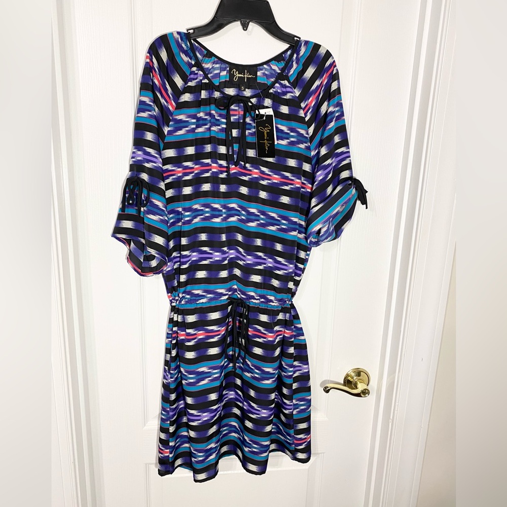 Yumi Kim Aztec Print Tie Neck Convertible Sleeve Drawstring Waist Mini Dress S